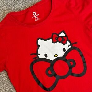 Converse x Hello Kitty Red Graphic T-Shirt Womens XS Sanrio Bow Short Sleeve Tee